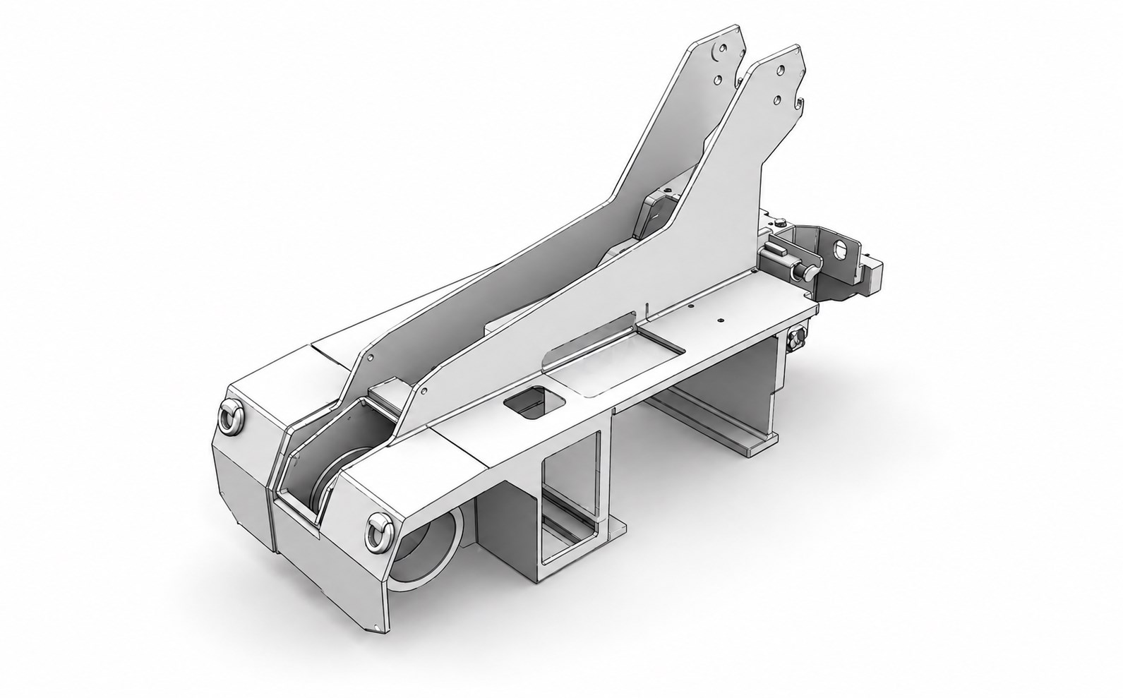 CAD render of a fabricated steel crane chassis: a welded box-section base with twin raised lifting arms, pivot bosses and machined mounting brackets.