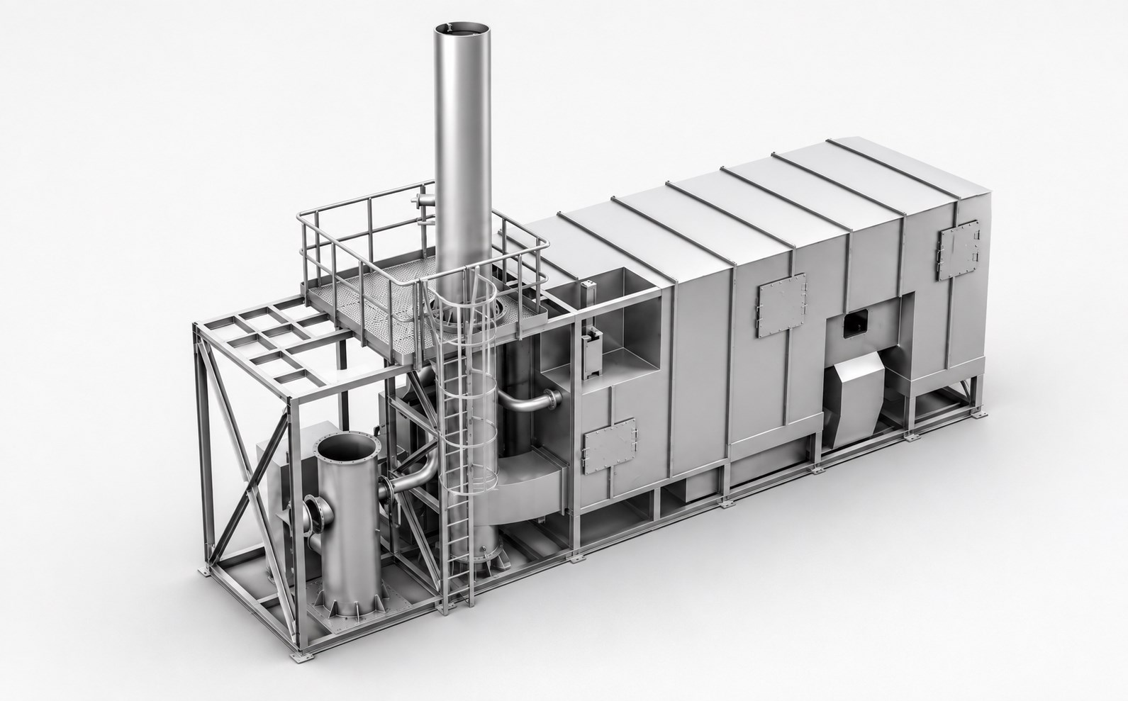 CAD render of a skid-mounted regenerative thermal oxidiser: an insulated process module on a structural steel frame, with exhaust stack, access platform, caged ladder and inlet ducting.